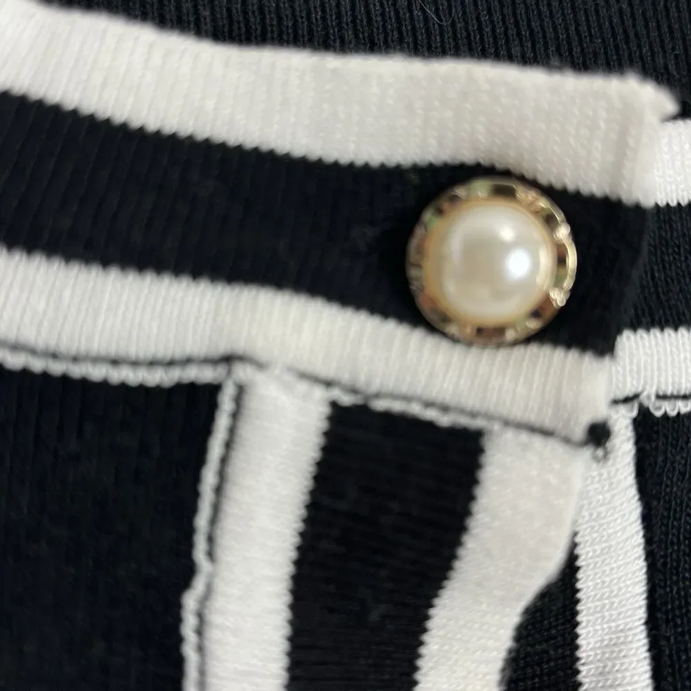 Women Black White Cardigan Pearl Buttons Contrast Trim Knit Elegant Classic